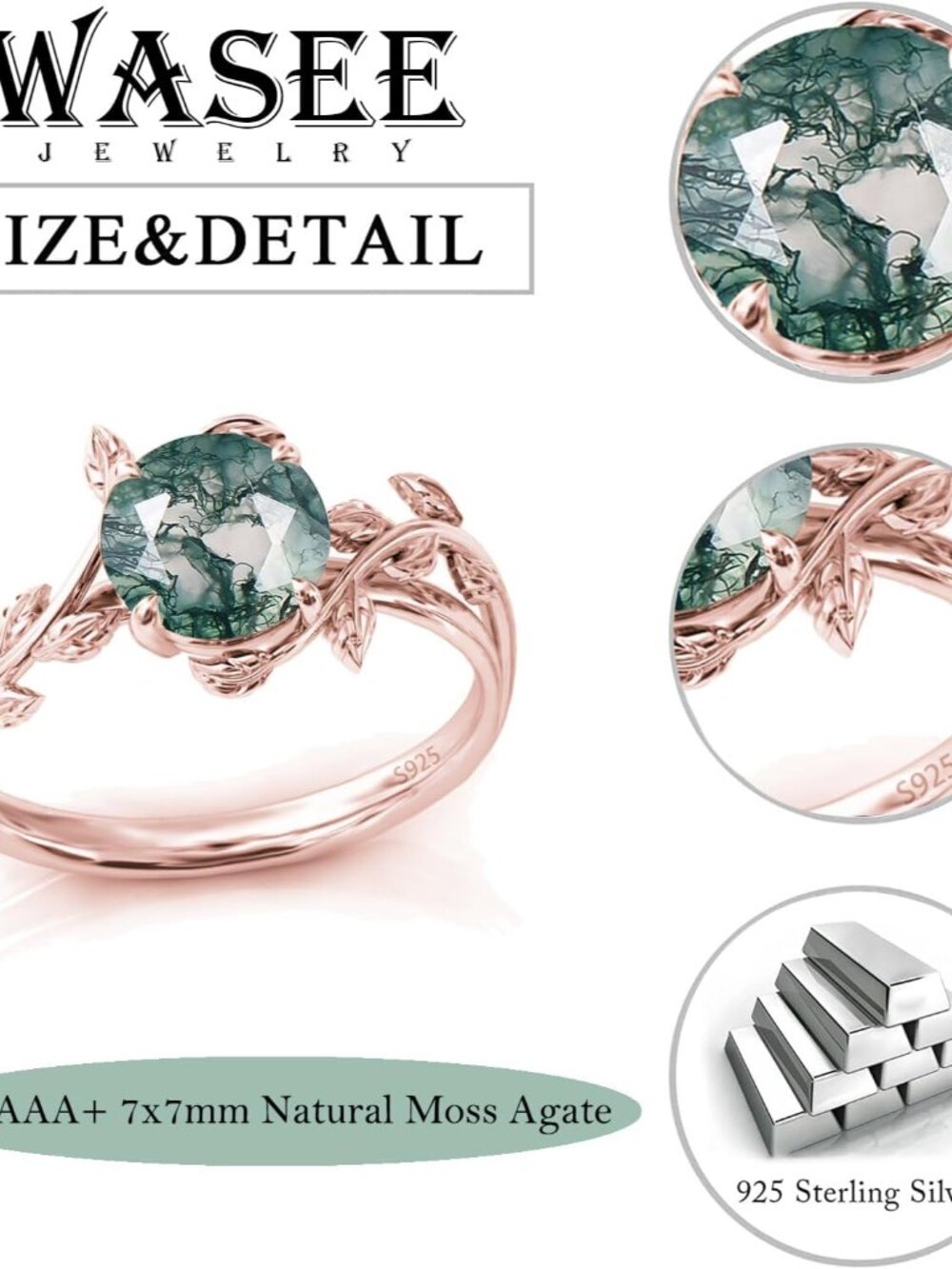 Natural Moss Agate Ring 925 Sterling Silver Opal Birthstone Ring 925 Sterling Si - Picture 3 of 3